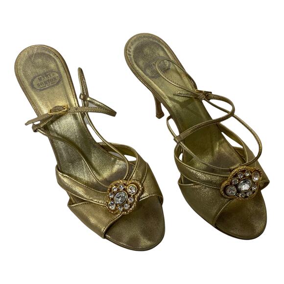 Mary Norton Italian Heels Gold Leather Rhinestone Crystal Slingback Sandal Sz 6 - Picture 1 of 6